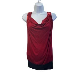 Womens S Red Ruched Cowl Neck Tank Top Sequins Accent straps Romantic